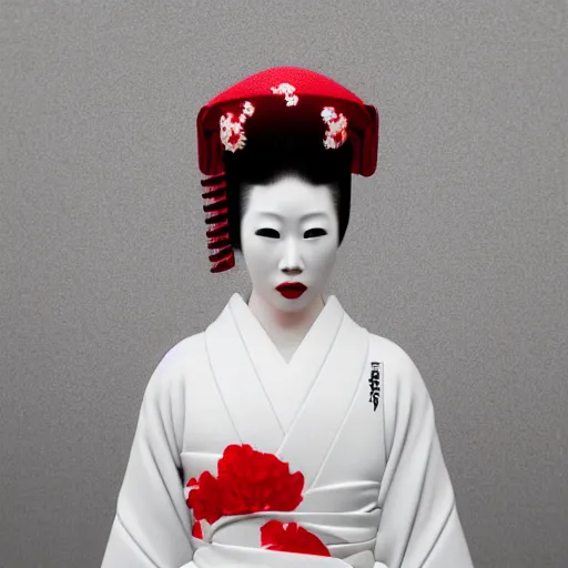 Prompt: beautiful albino maiko in a hakama, photograph, award wining, red and white, trending on artstation, punk attitude, 4k, unreal engine 5, octane render, neon highlights