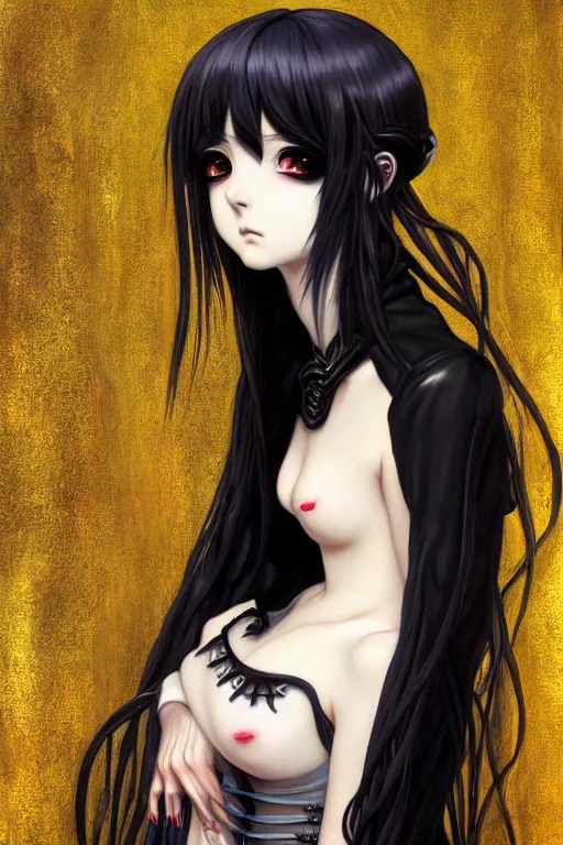 Prompt: portrait of beautiful young gothic anime maiden, cute-fine-face, pretty face, realistic shaded Perfect face, fine details. Anime, cyberpunk, Warhammer, highly detailed, cyberpunk, Warhammer, highly detailed, cyberpunk, Warhammer, highly detailed, artstation, illustration, art by Ilya Kuvshinov and Gustav Klimt and Gustav Klimt and Gustav Klimt and Gustav Klimt