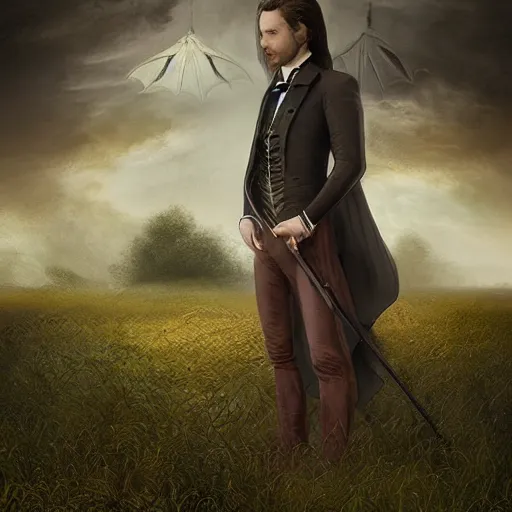 Image similar to Majestic and regal portrait of the green eyed brown haired vampire Louis de Pointe du Lac, New Orleans, 1805 plantation in the background, intricate, epic, elegant, menacing, fantasy, highly detailed, digital painting, hard focus, beautiful volumetric lighting, epic light, ultra detailed, by Leesha Hannigan, Ross Tran, Thierry Doizon, Kai Carpenter, Ignacio Fernández Ríos