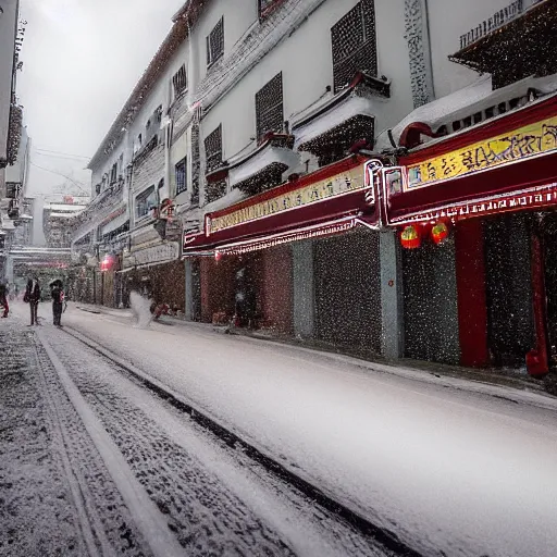 Image similar to a beautiful winter photograph of Chinatown in Singapore covered in snow, shallow depth of focus