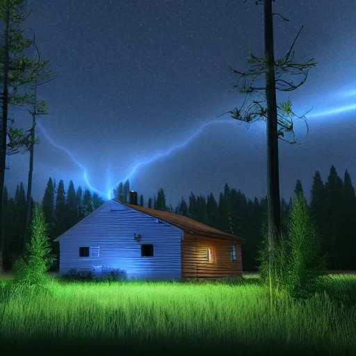 Image similar to a ultra realistic blue lightning arc over a cabin in the wood, by night. cows in the field. pines. horror movie scene, complex, highly detailed, unreal engine 5, 8 k render