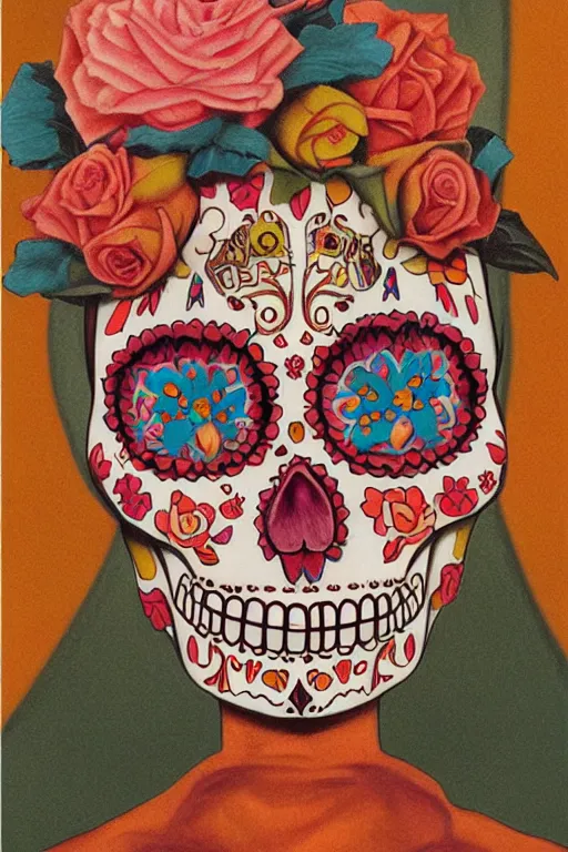 Prompt: illustration of a sugar skull day of the dead girl, art by george tooker