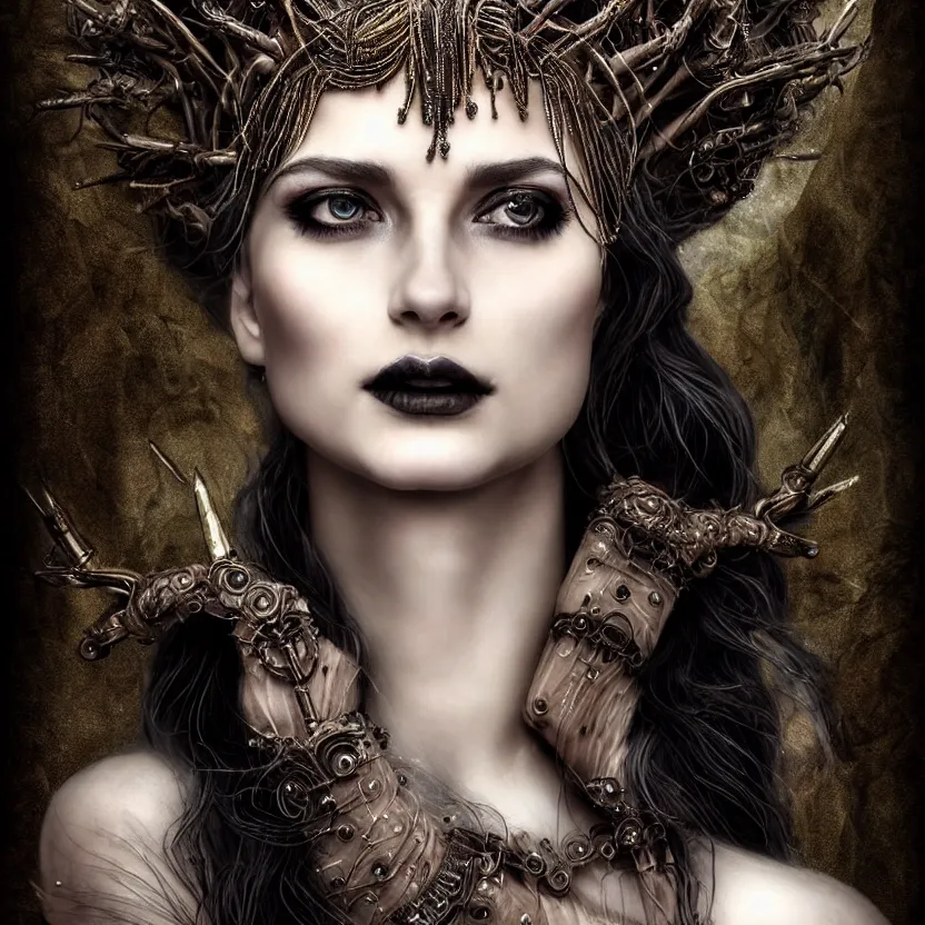 Image similar to mindblowing portrait of the enchantress queen, a stunning timeless beauty, breathtaking eyes, perfect skin, feathered eyelashes, royal gothic dress with a lot of leather, heavy silent hill aesthetic, incredibly intricate, digital art, blender, houdini & photoshop, very elegant & complex, hyper-maximalist, overdetailed, epic cinematic quality, biblical art lighting, photorealistic, lifelike, OLED, DSLR HDR 8k, face is the focus, facial feature symmetry, hyper composed, created by Nixeu & z--ed from deviantart