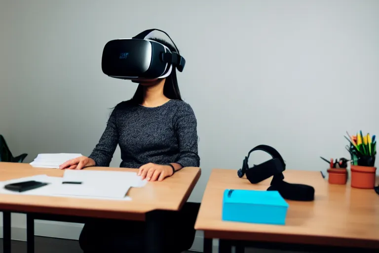 Image similar to A stock photo of a woman sitting at her desk, with a bunch of stuff, wearing a VR-headset, featured on flickr, cluttered