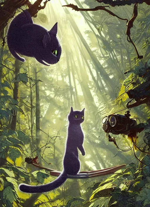 Image similar to a hyper realistic ink cat alien technology and sunbeams blue sky, lush forest foliage painting by chiara bautista and norman rockwell and greg rutkowski weta studio, and lucasfilm