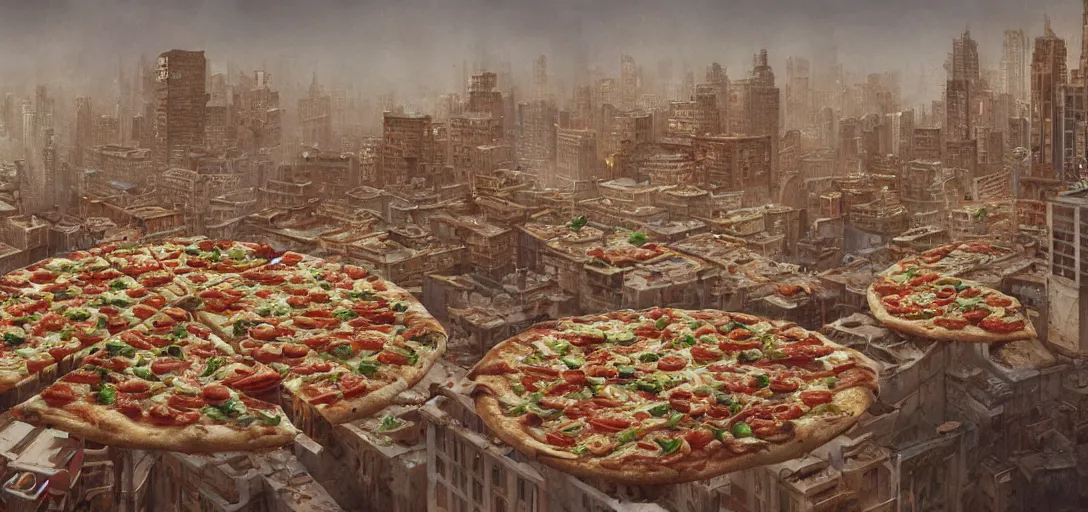 Image similar to a city made of pizza, 80s style, foggy, 8k, james gurney, greg rutkowski, john howe, artstation