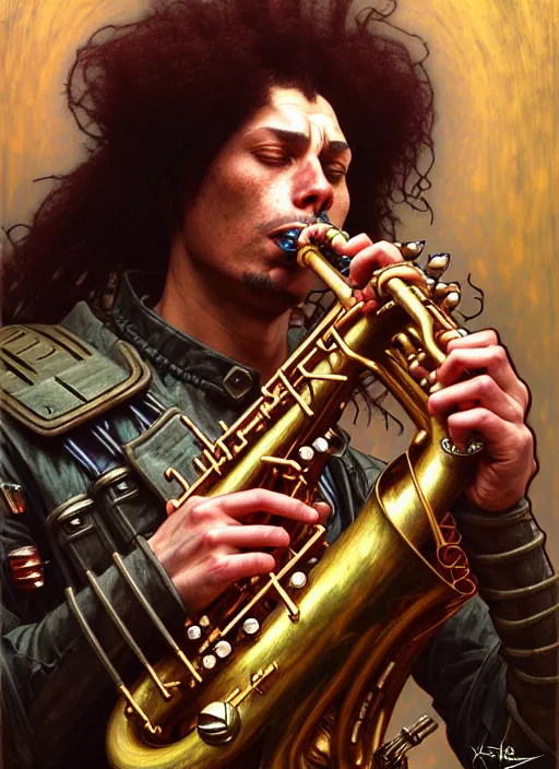 Image similar to portrait of a dirt man playing sax, warhammer 40000, cyberpunk, intricate, highly detailed, digital painting, artstation, concept art, smooth, sharp focus, illustration, art by Amano and Karol_Bak and artgerm and greg rutkowski and alphonse mucha and Gustav Klimt and Kojima