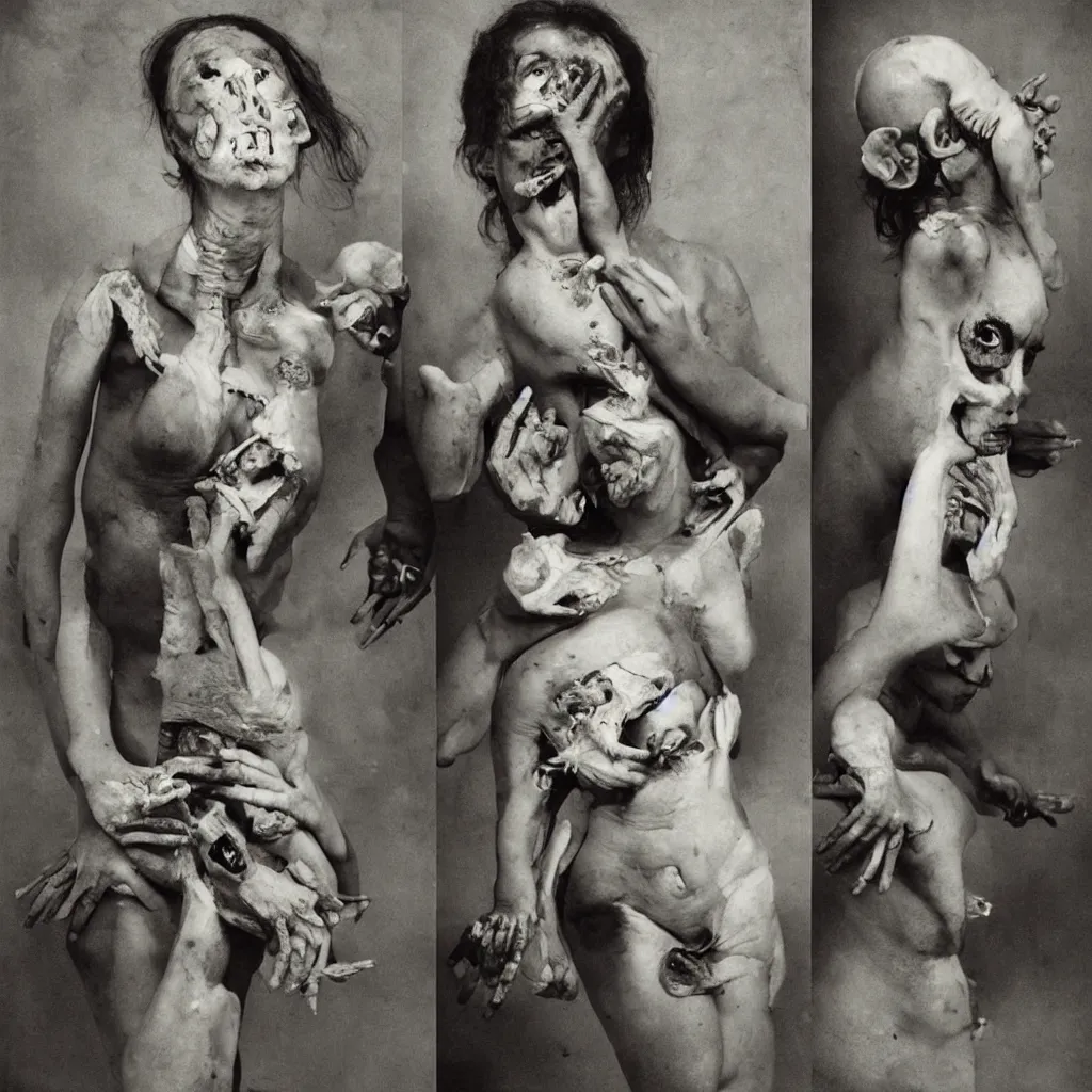 Prompt: a woman with hands in her belly and nails on her head, a lump on her back and tumors on her skin, open thorax with bones, half cut, in the style of joel peter witkin, robert doisneau