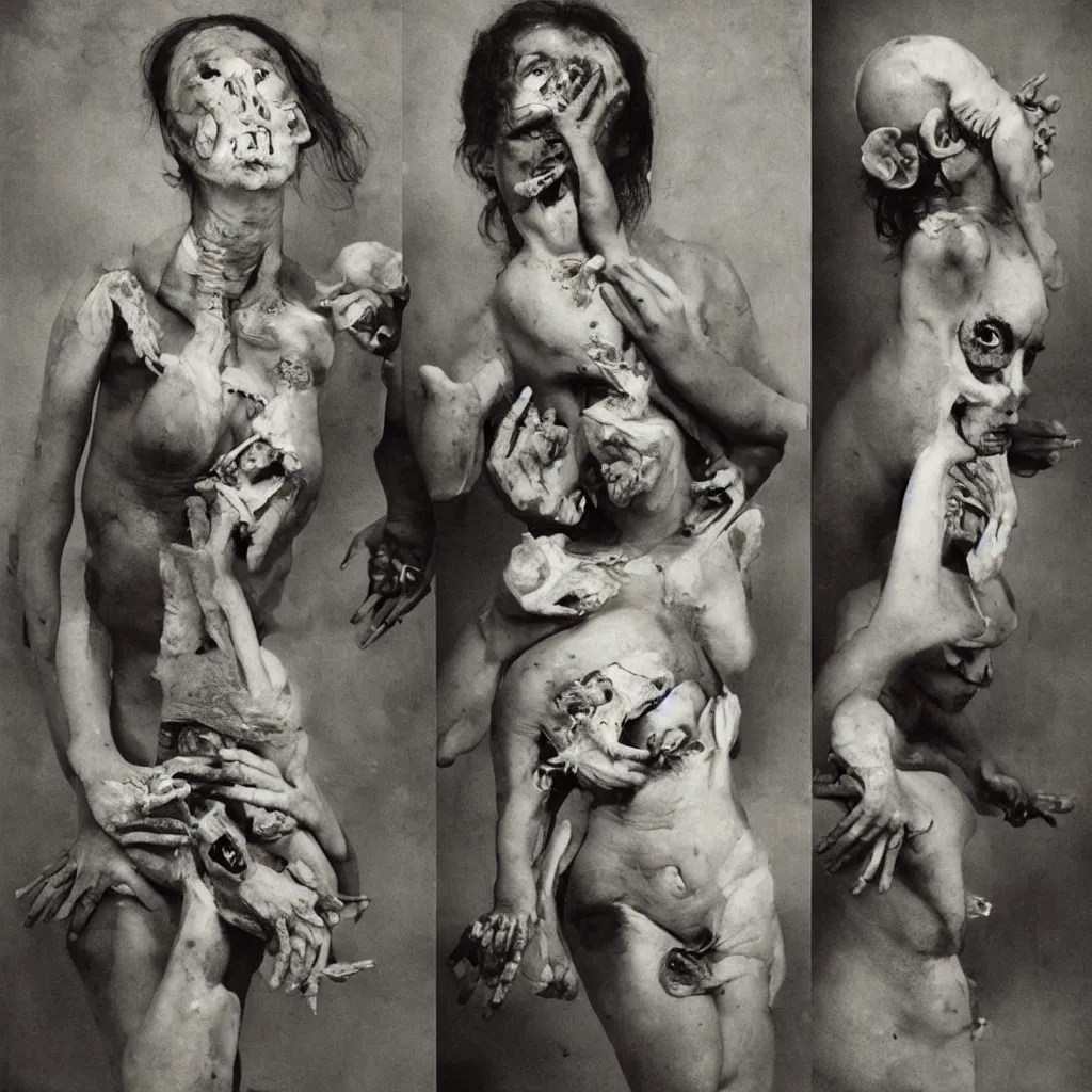 Image similar to a woman with hands in her belly and nails on her head, a lump on her back and tumors on her skin, open thorax with bones, half cut, in the style of joel peter witkin, robert doisneau