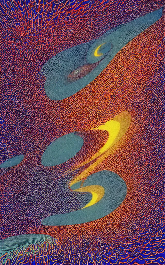 Prompt: wave, particle, synth, frequencies, pattern, oscillation. wave - particle duality.. retro art by jean giraud.