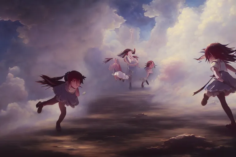 Prompt: baroque oil painting of anime key visual concept art of anime maids running away from the hindenburg disaster, smoke debris, grimdark steampunk fantasy, pleasant battlefield, trending on artstation, brush strokes, oil on canvas, style of makoto shinkai and greg rutkowski and studio ghibli