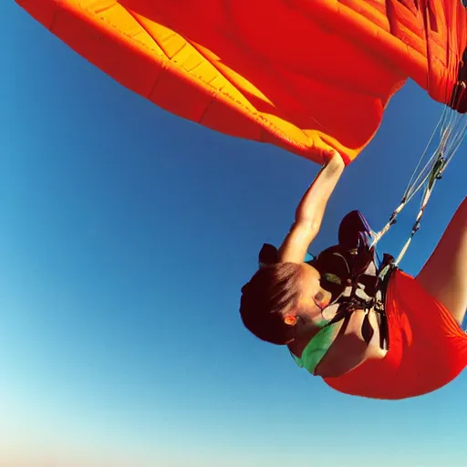 Image similar to extremely realistic photograph of a beautiful woman doing push-ups on a paraglided, 35mm photograph