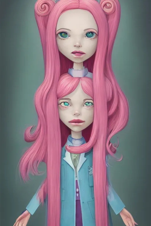 Prompt: highly detailed, industrial profile portrait of adult princess bubblegum from adventure time, experimenting in her science lab, wearing lab coat, long bubblegum hair, long straight bangs, confident, beautiful, attractive, illustration concept art by nicoletta ceccoli, mark ryden, lostfish, detailed and intricate environment, 8 k resolution, hyperrealistic, octane render