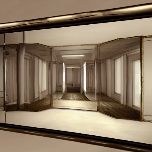 Image similar to a mirror but in the reflection is a fantasy world, dynamic lighting, photorealistic, ambient lighting