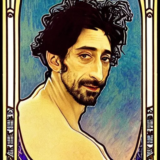 Image similar to adrien brody portrait by louis - theophile hingre and alphonse mucha, realistic, sharp focus, zodiac signs, tarot cards, planets, ethereal, art nouveau, magic, moon, sun, crown, dreamy, royal, jewellery