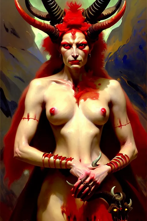 Image similar to painted close - up portrait of a very attractive red - skinned intimidating demon alien queen with ram horns! oil painting, wearing a noblewoman's outfit, fantasy art by john singer sargent and gaston bussiere and james jean and greg rutkowski, demon noble character design, hd