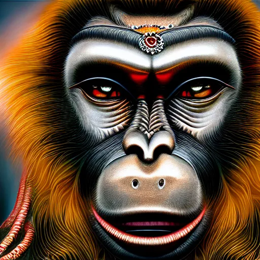 Image similar to biomechanical Hanuman , hyper-realistic portrait, intricate details, supersharp, hypermaximalist, dramatic lighting, hajime sorayama, Indian monkey god, photorealistic hanuman