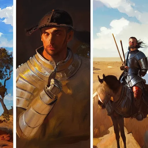 Prompt: detailed portrait of a medieval knight standing near ayer's rock in the australian outback, jodhpurs greg manchess, painting by sargent and leyendecker, asymmetrical intricate elegant illustration gwent, by greg rutkowski, by greg tocchini, by craig mullins