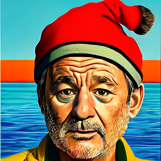 Image similar to bill murray as steve zissou, wes anderson, photorealistic, 8k, HD, oil painting