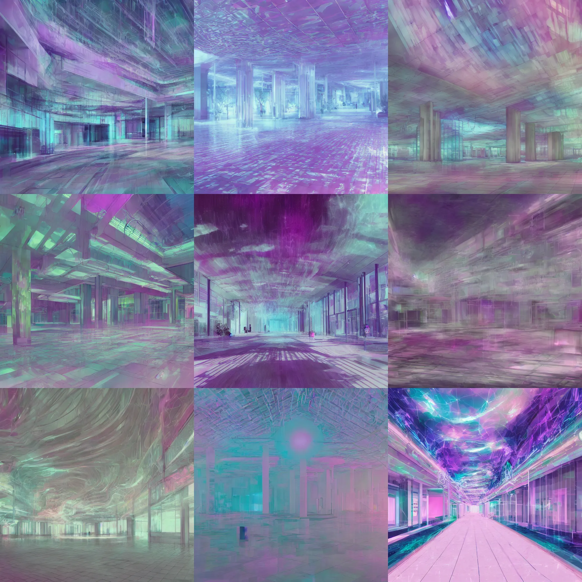 Prompt: dreamcore looking mall, liminal space, light soft pastel color pallete