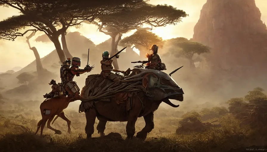 Image similar to boba fett riding a buffalo through madagascar with baobabs trees, animals chasing, action scene, an epic fantasy, artgerm and greg rutkowski and alphonse mucha, an epic fantasy, volumetric light, detailed, establishing shot, cinematic, photorealistic, hyper detailed, ultra realistic, trending on art station, octane render, midsommar