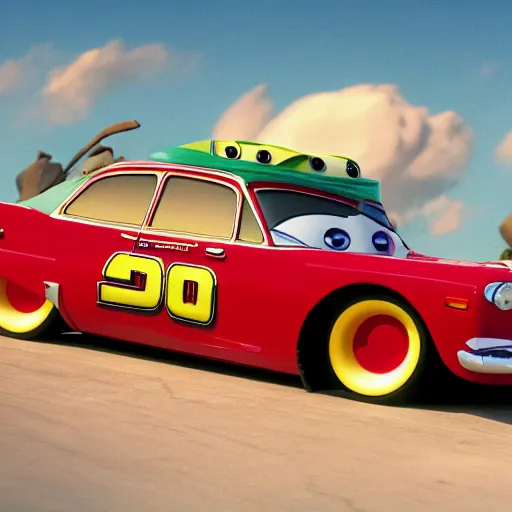 Prompt: car jesus christ chrysler as a car from cars 2, jesus, as a car from the movie pixar's cars 3, cinestill,