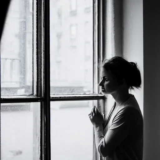 Prompt: a woman looking out of a window, moody, raining outside
