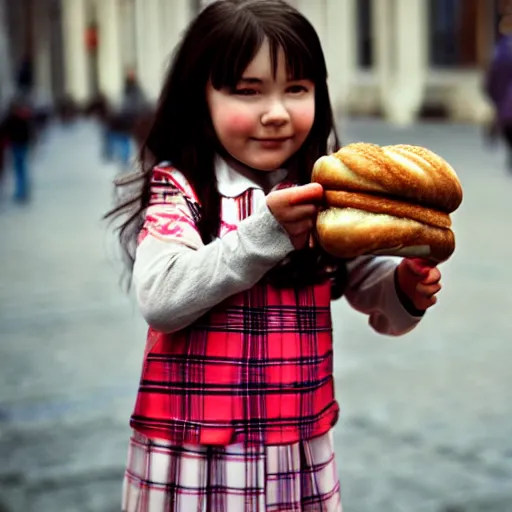 Image similar to photo of cute soviet schoolgirl, holding bagels on a rope, street of moscow, shallow depth of field, cinematic, 8 0 mm, f 1. 8