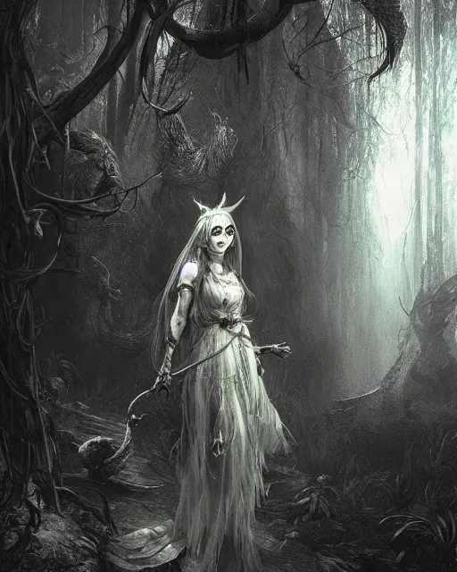 Prompt: Girl with a birdcage on her head, horror, forest. Unreal engine, fantasy art by Adolf von Menzel. Accurate expression, perfect anatomy GL, glowing light