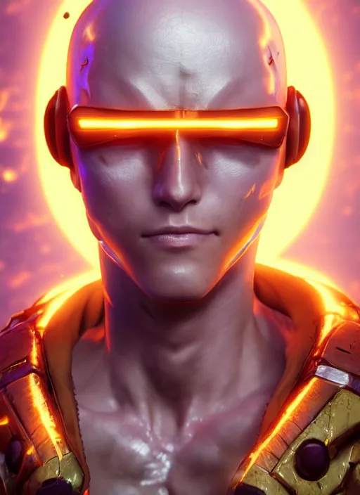 Image similar to glowwave portrait of saitama from borderlands 3, au naturel, hyper detailed, digital art, trending in artstation, cinematic lighting, studio quality, smooth render, unreal engine 5 rendered, octane rendered, art style by klimt and nixeu and ian sprigger and wlop and krenz cushart.