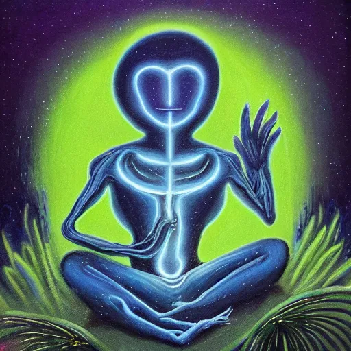 Prompt: painting of a tranquil alien made of light and glows meditating in dense forest by Terence McKenna, acrylic art, ethereal, soothing, somber, elegant, warm light, cozy, breathtaking,