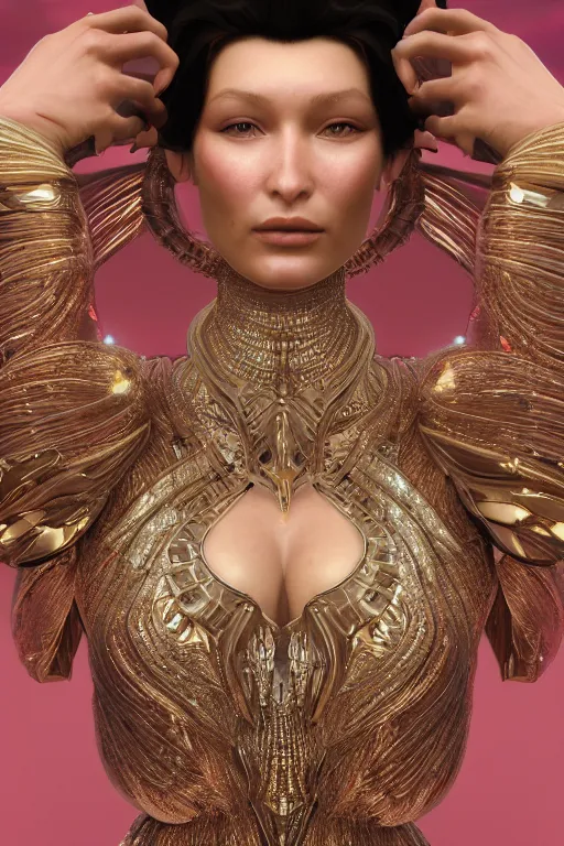 Image similar to a highly detailed metahuman render of an alien goddess bella hadid in iris van herpen dress schiaparelli in diamonds and jewelry in style of alphonse mucha trending on artstation made in unreal engine 4