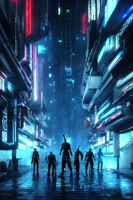 Image similar to high quality 3 d render sci - fi! samurais hybrid fighting to deaf, highly detailed, unreal engine cinematic smooth, in the style of blade runner, hannah yata charlie immer, dark blue neon light, low angle, uhd 8 k, sharp focus