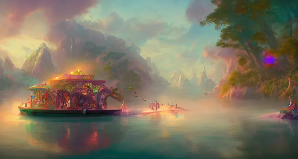 Image similar to an amusement park boat ride with pastel colors by peter mohrbacher, vivid colors, matte painting, 8K, concept art, mystical color scheme, trending on artstation