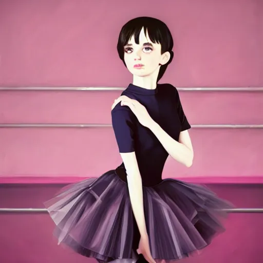 Image similar to portrait of a beautiful girl with dark hair dressed as a ballerina, ballet studio as the background, rich vivid colors, ambient lighting, dynamic lighting, 4k, HQ, official media, anime key visual, makoto shinkai, ilya kuvshinov, lois van baarle, rossdraws, detailed, trending on artstation