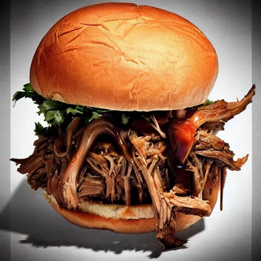 Image similar to pulled pork sandwich, artwork of h.r. giger