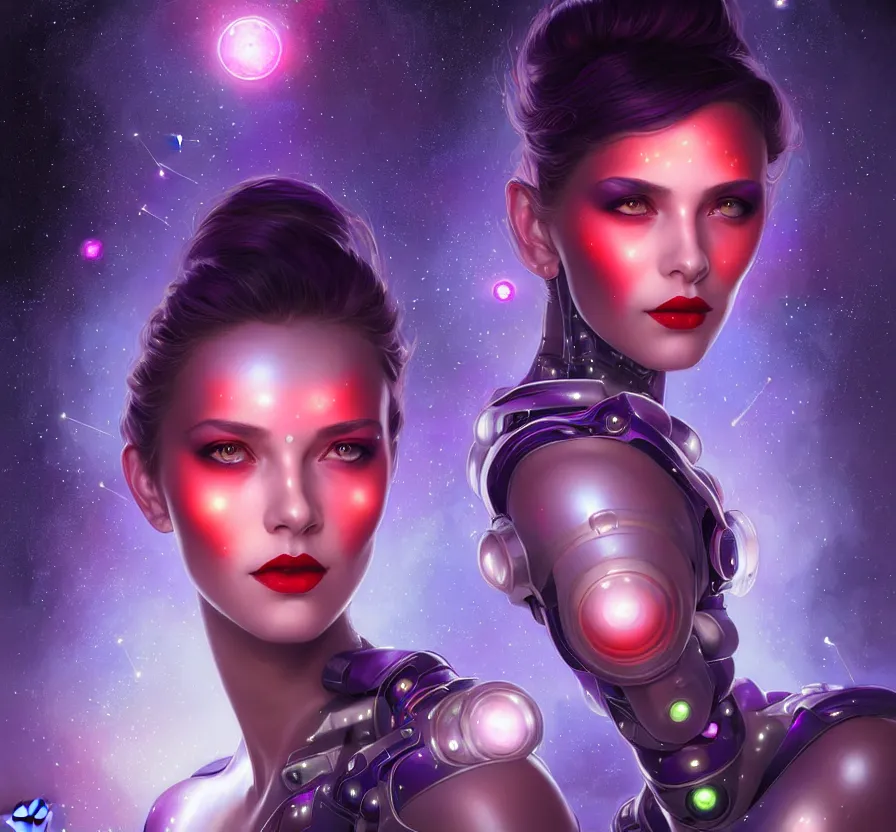 Image similar to beautiful cyber female with purple mechanic eyes and red lips, face, sci - fi, metal skinn, constellation geometry space mandal background, breathtaking stars, elegant, highly detailed, digital painting, artstation, concept art, smooth, sharp focus, spiritual art, art by artgerm and greg rutkowski and alphonse mucha, psychedelic, illustration, painting oil,