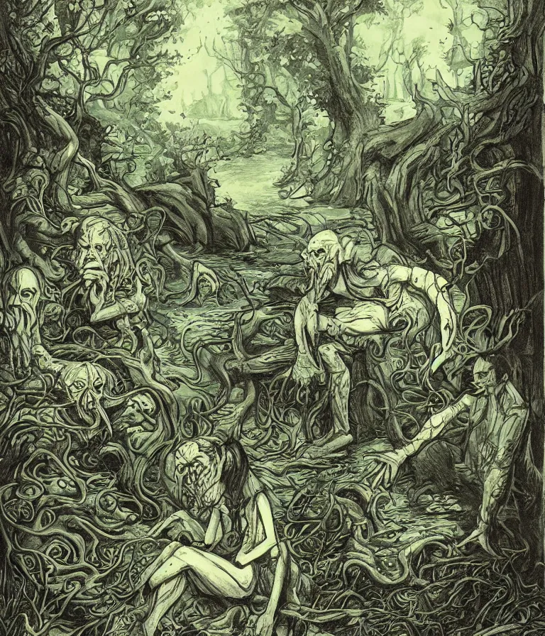 Prompt: illustration in the style of daniel danger of cthulhu sitting by a pond in the forest