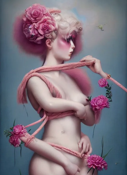 Image similar to pop surrealism, lowbrow art, realistic seductive cute woman looking painting, pink body harness, japanese shibari with blue flowers, hyper realism, muted colours, rococo, natalie shau, loreta lux, tom bagshaw, mark ryden, trevor brown style,