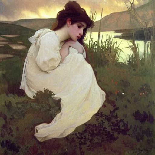 Image similar to a beautiful painting of a young girl in the scottish highlands, underexposed and overcast, by alphonse mucha, john sargent, and octane.