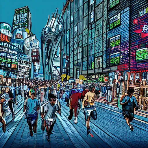 Image similar to landscape of people running away scared from crypto logos standing in the city, digital drawing, hyper - detailed, hdr, 8 k