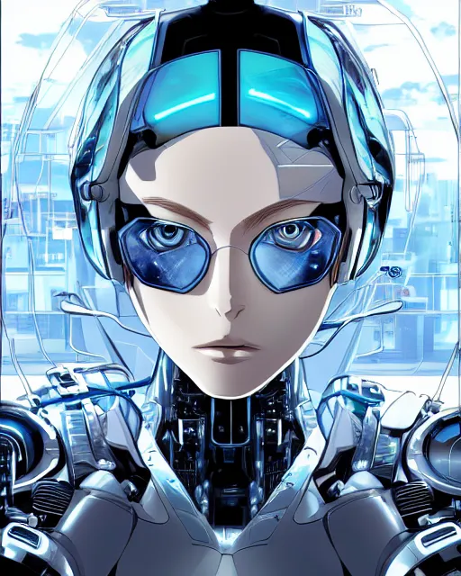 Prompt: portrait of a blonde woman with blue eyes as a robot, cybernetic enhancements, art by makoto shinkai and alan bean, yukito kishiro