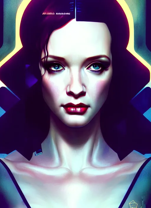 Image similar to bladerunner cyberpunk portrait of christina hendricks, beautiful face, highly detailed face!!!, extremely detailed!, digital painting, unreal engine 5, art by artgerm and greg rutkowski and alphonse mucha