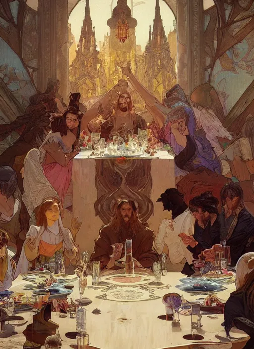 Image similar to the last supper beautiful painting by arthur addams and greg rutkowski and alphonse mucha, highly detailed, illustration, epic, fantasy, intricate, hyper detailed, artstation, concept art, smooth, sharp focus, ray tracing