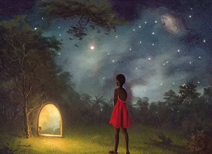 Prompt: a young caribbean girl on the front lawn looking into a telescope up at the stars, night time, forest in the distant background by greg rutkowski,