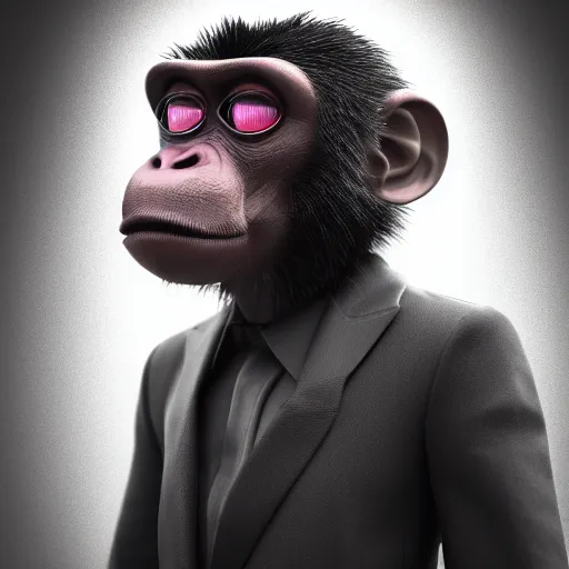 Image similar to Photography of ultra mega super hyper realistic detailed monkey by Hiromasa Ogura . Photo made from 30 meters distance on Leica Q2 Camera, Rendered in VRAY and DaVinci Resolve and MAXWELL and LUMION 3D, Volumetric natural light. Wearing cyberpunk suit with many details by Hiromasa Ogura .Rendered in VRAY and DaVinci Resolve and MAXWELL and LUMION 3D, Volumetric natural light