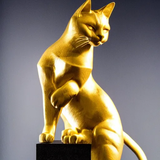 Image similar to a gold statue of a cat, dramatic lighting, professional photo