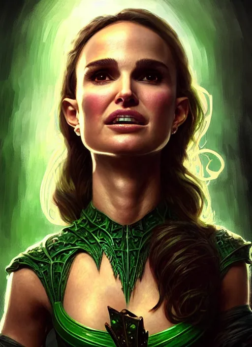 Image similar to portrait of natalie portman as a goblin, d & d, muscular! green, fantasy, intricate, elegant, highly detailed, digital painting, artstation, concept art, smooth, sharp focus, illustration, art by artgerm and greg rutkowski and alphonse mucha