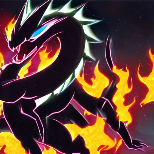 Image similar to a 3 headed black dragon pokemon shooting electricity out of its mouth