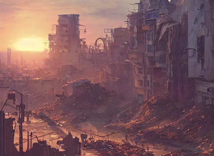 Prompt: seen from window, garbage dump, city is pure wasteland, sunset in background, detailed characters, alphonse mucha, greg rutkowski, trending on artstation, artgerm, breathtaking, sharp focus, smooth, mark arian, award winning, highly detailed 4 k art